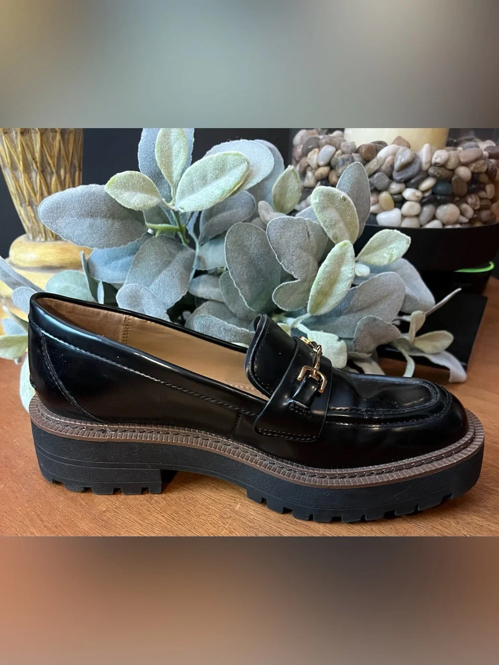 SAM EDELMAN Laurs Platform Loafer Lug Sole Horsebit Gold Slip On Patent Leather